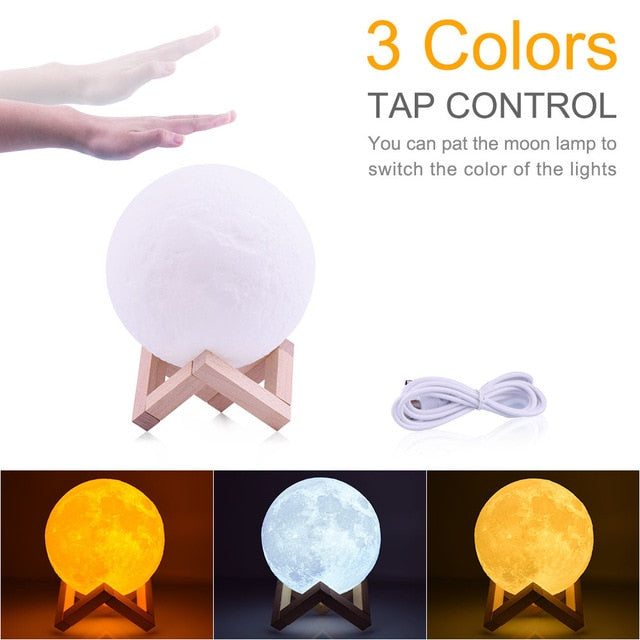 Rechargeable 3D Moon lamp With 3 Color Taps